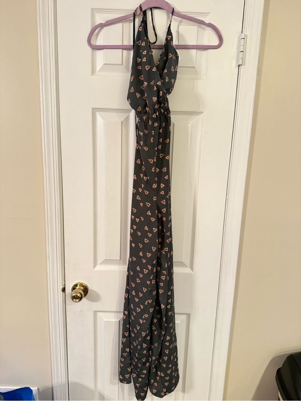 Lulu's Green Halter Jumpsuit with Peach Triangle Print